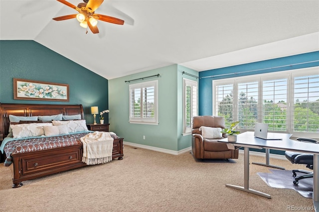 9468 E Aspen Hill Ln, Lone Tree, CO 80124 - bedroom featuring a desk, vaulted ceiling, carpet, and a ceiling fan