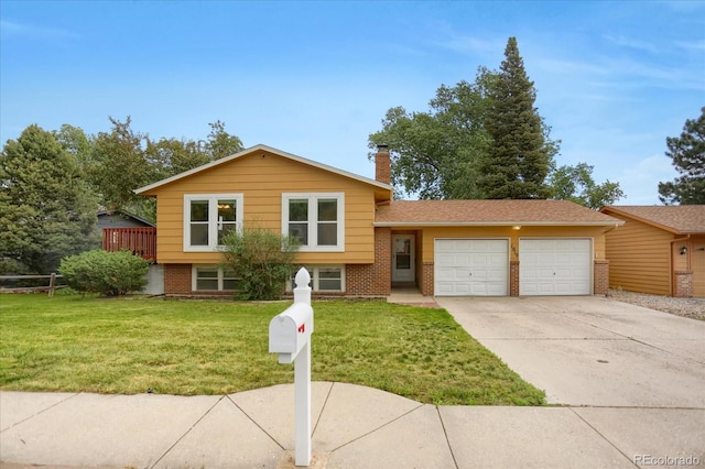 1010 Vondelpark Dr, Colorado Springs, CO 80907 - tri-level home featuring an attached garage, concrete driveway, a front yard, and brick siding