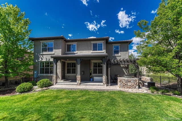15235 W Iliff Ave, Lakewood, CO 80228 - back of house featuring a pergola, a patio area, stucco siding, and stone siding