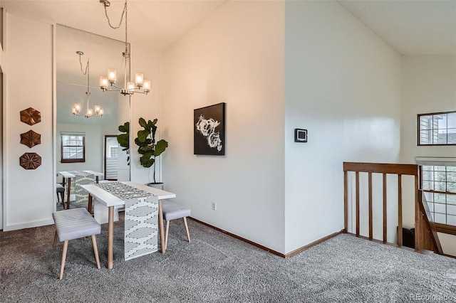1661 S Fulton St, Aurora, CO 80247 - carpeted dining area featuring high vaulted ceiling, a chandelier, and baseboards