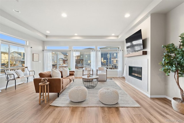 living room with a fireplace and light hardwood / wood-style floors