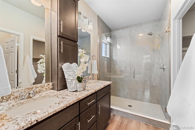 bathroom with wood-type flooring, a shower with door, and vanity