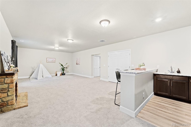 interior space with light carpet and sink