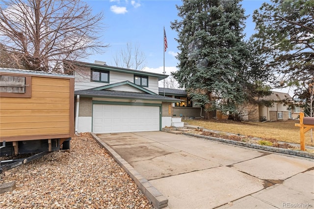 view of front facade featuring brick siding, concrete driveway, a garage, and roof with shingles