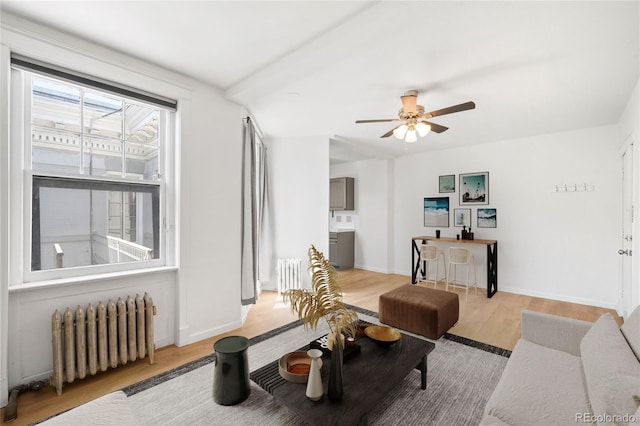 215 E 11th Ave Unit D5, Denver, CO 80203 - living room featuring radiator heating unit, light wood-type flooring, a ceiling fan, and baseboards