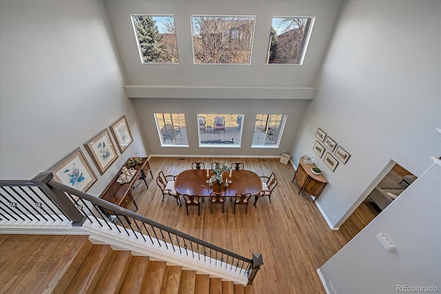 interior space featuring baseboards, stairway, a high ceiling, and wood finished floors