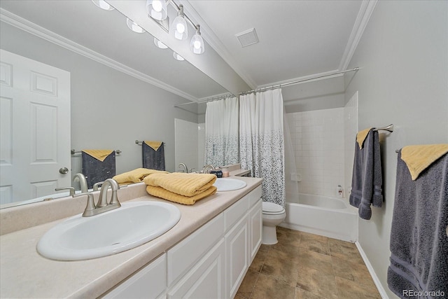 full bath with toilet, ornamental molding, shower / bath combo with shower curtain, and a sink