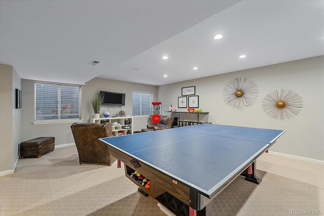 game room featuring baseboards, carpet floors, and recessed lighting