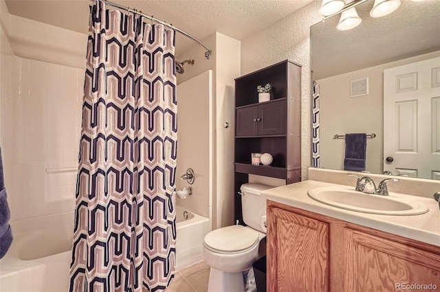 bathroom with shower / bath combination with curtain, visible vents, toilet, a textured ceiling, and tile patterned flooring