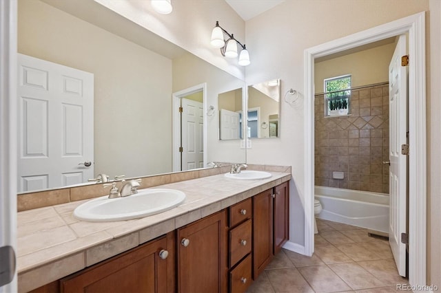 10205 Bluffmont Dr, Lone Tree, CO 80124 - bathroom with double vanity, tile patterned flooring, and bathing tub / shower combination