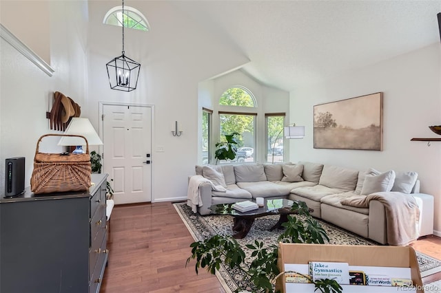 728 Poppywood Pl, Highlands Ranch, CO 80126 - living area featuring dark wood-style floors, high vaulted ceiling, and baseboards