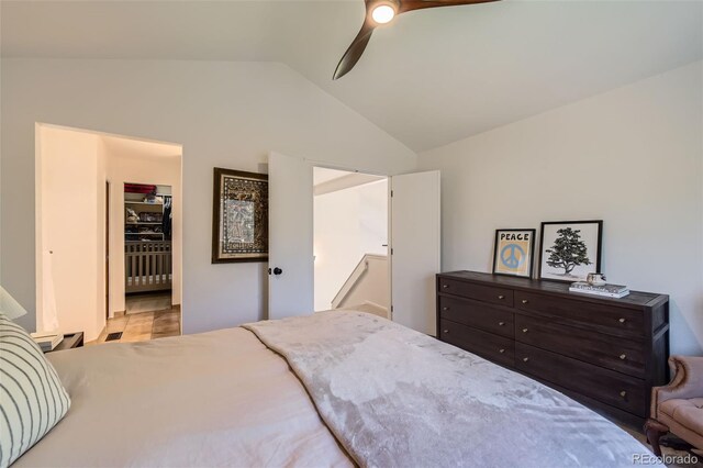 728 Poppywood Pl, Highlands Ranch, CO 80126 - bedroom featuring vaulted ceiling, a spacious closet, ceiling fan, baseboard heating, and a closet