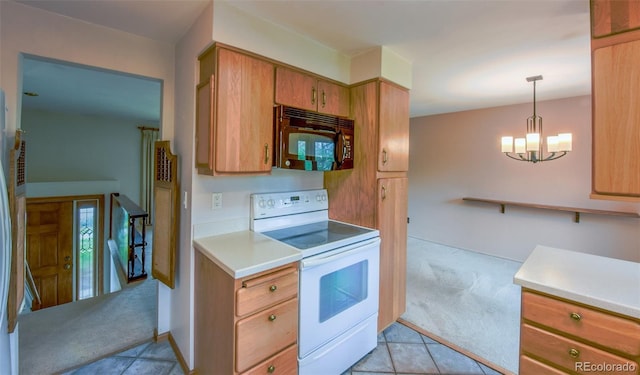 kitchen featuring light colored carpet, white electric range oven, black microwave, and light countertops