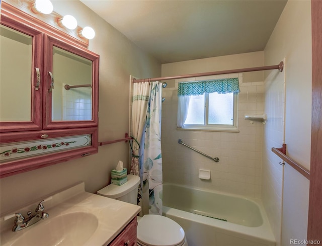 bathroom with toilet, vanity, and shower / bathtub combination with curtain