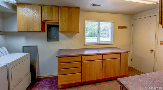 kitchen with electric panel, visible vents, and washing machine and clothes dryer