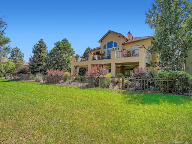 5092 S Allison Way, Littleton, CO 80123 - rear view of house with a balcony, stucco siding, a chimney, and french doors