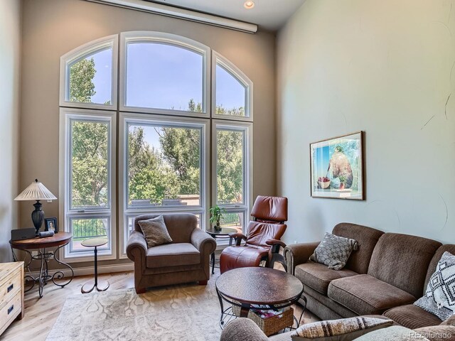 5092 S Allison Way, Littleton, CO 80123 - living room featuring plenty of natural light, light wood-type flooring, a high ceiling, and recessed lighting