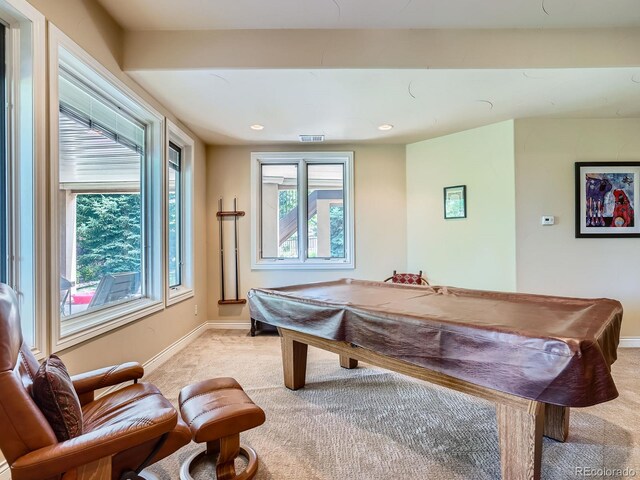 5092 S Allison Way, Littleton, CO 80123 - rec room featuring light colored carpet, billiards, and recessed lighting