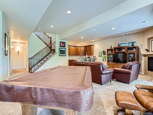 5092 S Allison Way, Littleton, CO 80123 - recreation room featuring a fireplace, recessed lighting, light colored carpet, and billiards table