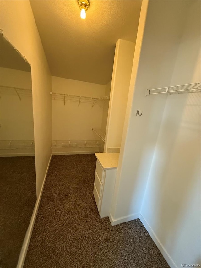 walk in closet featuring dark colored carpet