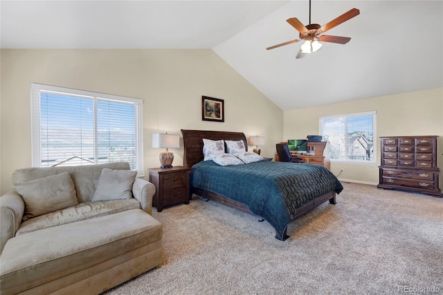 carpeted bedroom featuring vaulted ceiling, a ceiling fan, and baseboards