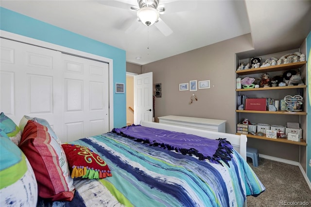 bedroom featuring carpet flooring, a closet, and a ceiling fan