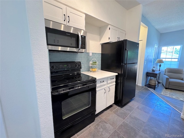 4760 S Wadsworth Blvd Unit F105, Littleton, CO 80123 - kitchen featuring black appliances, decorative backsplash, white cabinets, a textured ceiling, and light countertops