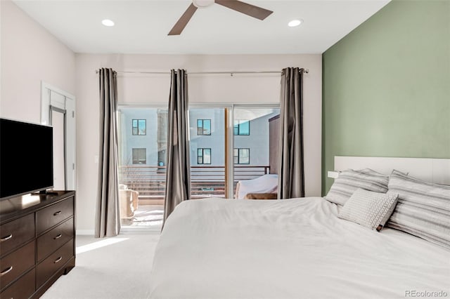 bedroom featuring ceiling fan, carpet floors, access to outside, and recessed lighting