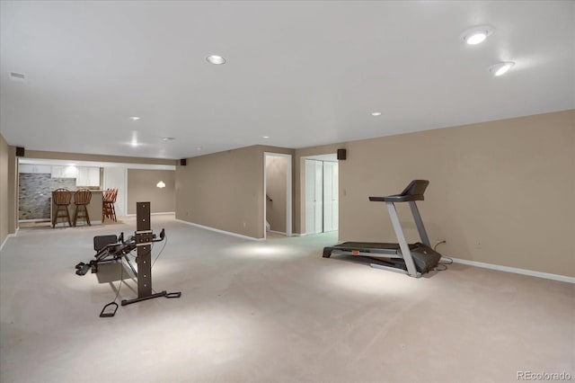 8951 Greenwich St, Highlands Ranch, CO 80130 - workout room with a dry bar, baseboards, carpet floors, and recessed lighting