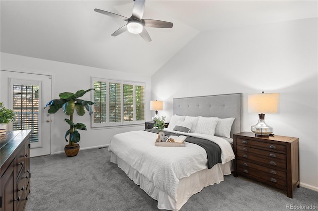9491 Southern Hills Cir, Lone Tree, CO 80124 - bedroom featuring access to exterior, lofted ceiling, carpet flooring, and a ceiling fan