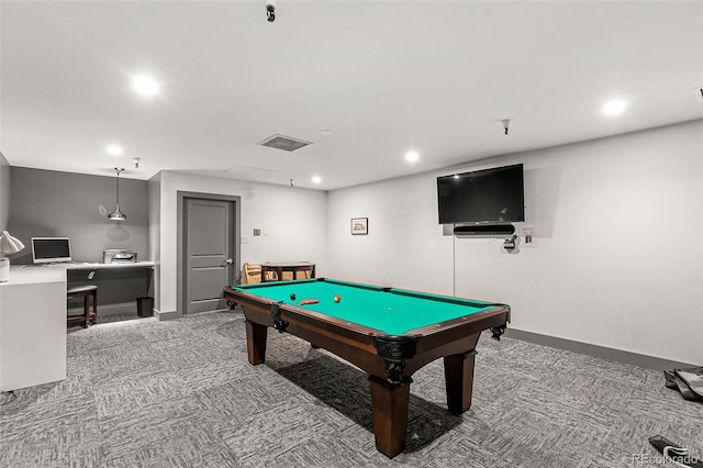 rec room with carpet flooring and billiards