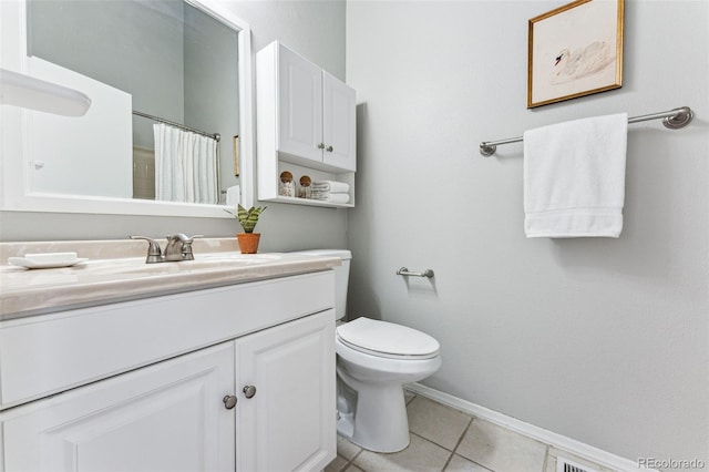 full bathroom with baseboards, toilet, tile patterned floors, curtained shower, and vanity