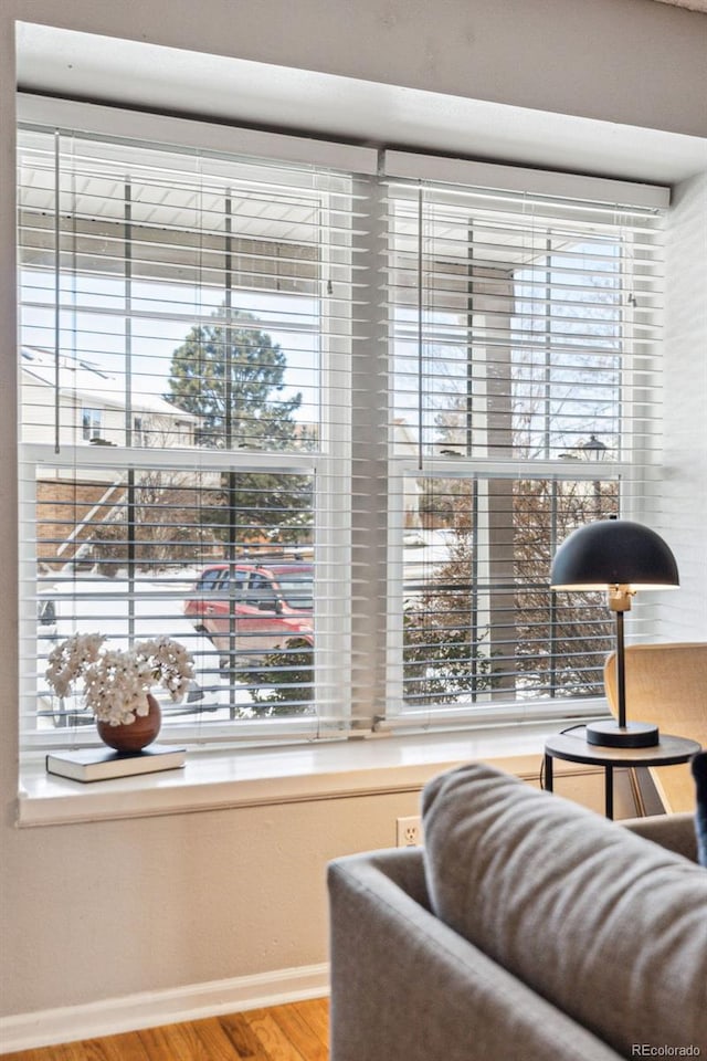 sitting room featuring baseboards, light wood finished floors, and a healthy amount of sunlight