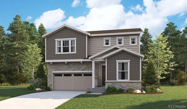 590 Douglas Fir Pl, Johnstown, CO 80534 - craftsman inspired home with stone siding, driveway, a garage, and a front yard