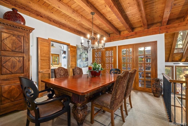 82 Lenawee Ln, Dillon, CO 80435 - dining space with wood ceiling with exposed beams, light colored carpet, and a chandelier