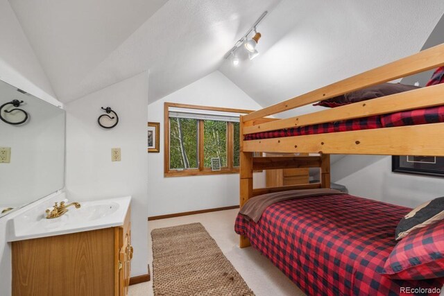 82 Lenawee Ln, Dillon, CO 80435 - bedroom with vaulted ceiling, rail lighting, a sink, light colored carpet, and baseboards