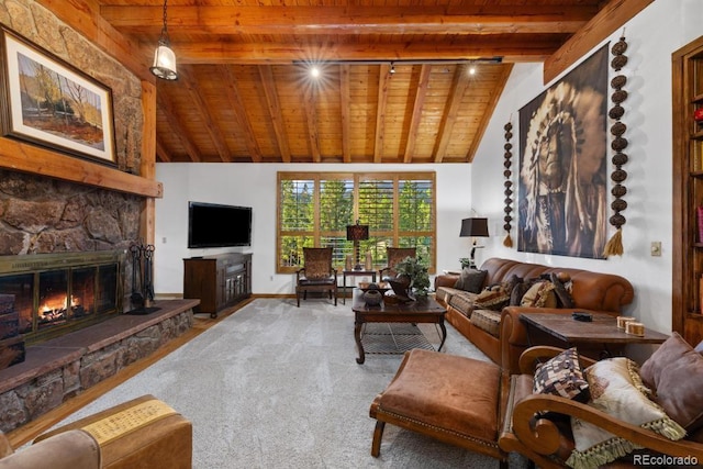 82 Lenawee Ln, Dillon, CO 80435 - carpeted living room with wooden ceiling, a fireplace, and baseboards