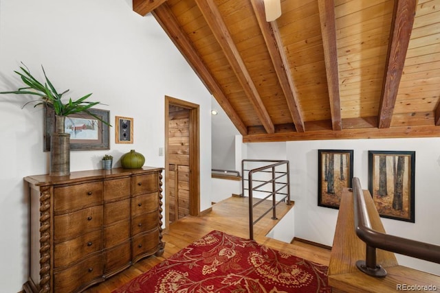 82 Lenawee Ln, Dillon, CO 80435 - sitting room featuring an upstairs landing, wood ceiling, and light wood-style flooring