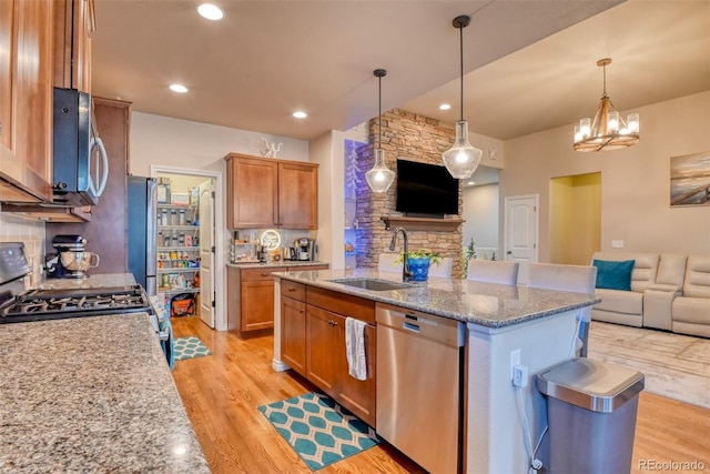4544 Portillo Pl, Colorado Springs, CO 80924 - kitchen featuring light wood-type flooring, open floor plan, stainless steel appliances, and a sink