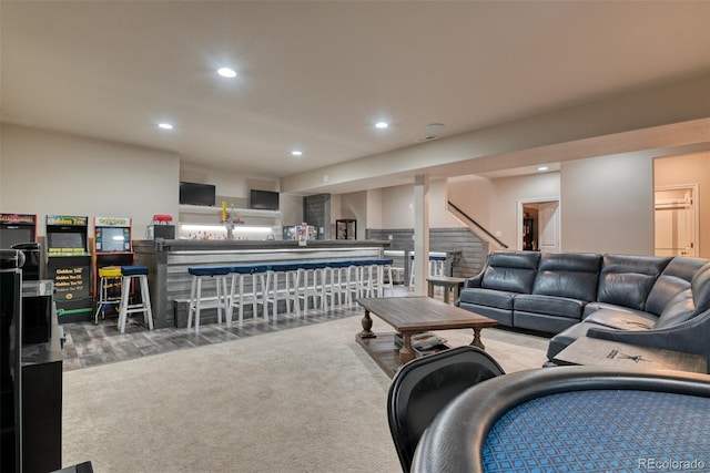 4544 Portillo Pl, Colorado Springs, CO 80924 - living room with visible vents, carpet flooring, recessed lighting, and stairway