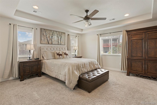 bedroom featuring multiple windows, a tray ceiling, and light colored carpet