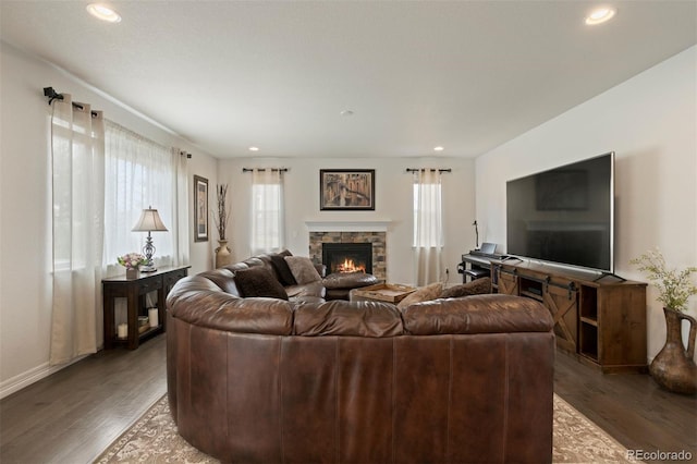 living room with a stone fireplace and dark hardwood / wood-style flooring