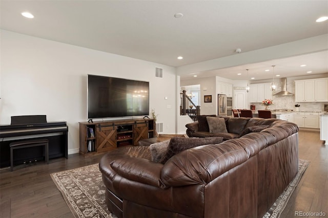 living room with dark wood-type flooring