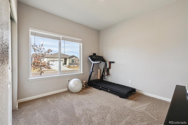 exercise area featuring carpet and baseboards