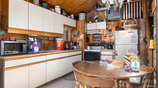 kitchen featuring white cabinets, white appliances, sink, and wood ceiling