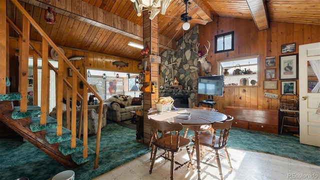 unfurnished dining area featuring ceiling fan, wood ceiling, and vaulted ceiling