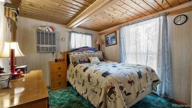 bedroom with beamed ceiling, dark carpet, wooden ceiling, and wood walls