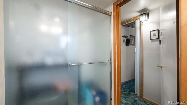 bathroom with a shower with door