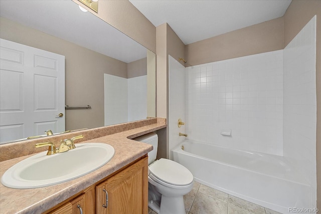 full bathroom featuring bathtub / shower combination, tile patterned floors, vanity, and toilet