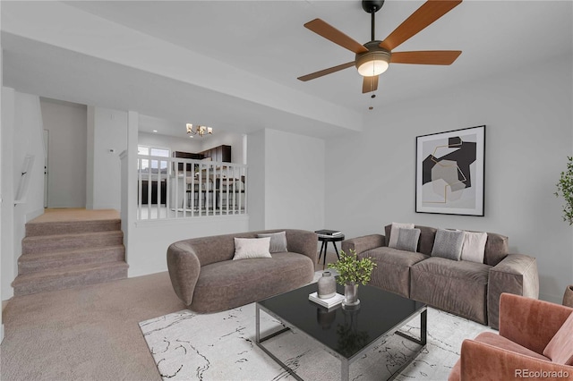 827 Forest Canyon Rd, Severance, CO 80550 - living room featuring a chandelier, carpet flooring, stairs, and a ceiling fan